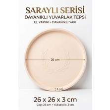 Art By Aslı Saraylı Serisi Antik Krem El Yapımı Dayanıklı Yuvarlak Tepsi 26X26 cm (Küçük Boy Sunum Tepsisi - Kahve ve Çay Tepsisi)