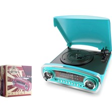 Gees Global Nostaljik Pikap 3 Devir Fm Radyo Bluetooth USB Kayıt Aux Hoparlör Turkuaz RTB03M