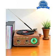 Beruflic Nostaljik Tasarım Plak Çalar Görünümlü Radyolu Bluetooth Hoparlör Retro Müzik Plak Açık Kahverengi