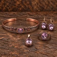 Zaa Pembe Oval Zirkon Taşlı Bakır Takı Seti