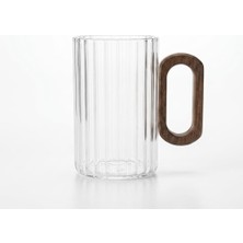 Happy Trend 1 Adet Akasya Ahşap Kulplu Borosilikat Cam Kupa - 220 Ml, 300 ml ve 400 ml Boy Seçenekleriyle, Isıya Dayanıklı Düz ve Çizgili Tasarım Lüks Kahve, Çay ve Espresso Bardağı (Çizgili 300 Ml)