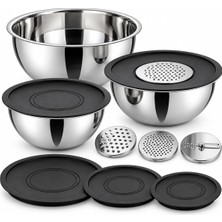 Happy Trend 304 Paslanmaz Çelik Karıştırma Kabı Seti - 3'lü Rendeli Saklama Kabı 1,35 L 2,70 L 4,60 L - Kapaklı Mutfak Kasesi - 9 Parça Hazırlık Salata Hamur Yoğurma Seti