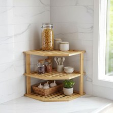 TemmuzX 3 Katlı Doğal Bambu Köşe Rafı - Tezgah Üstü Mutfak ve Banyo Düzenleyici | Baharatlık, Kavanoz ve Dekoratif Rafı (24.5X24.5X23 Cm)