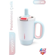 TemmuzX 680 ml Tek Kapak Çift Kullanım Pipetli Rahat Içim Kulplu Paslanmaz Çelik Termos Mug FFVGN1113-680ML Mavi