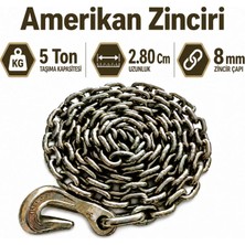 TemmuzX 5 Ton Amerikan Zinciri 2.80 Metre 8 mm Eğri Kancalı Yük Taşıma Sabitleme Çelik Çekme Zinciri