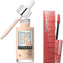 TemmuzX New York Super Stay Vinyl Ink Uzun Süre Kalıcı Likit Parlak Ruj 15 Peachy & Super Stay Skin Tint Fondöten - 05.5 Makyaj Seti