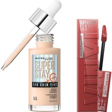 TemmuzX New York Super Stay Vinyl Ink Uzun Süre Kalıcı Likit Parlak Ruj 35 Cheeky & Super Stay Skin Tint Fondöten - 05.5 Makyaj Seti