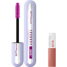 TemmuzX New York Falsies Surreal Maskara & Mini Super Stay Matte Ink Likit Mat Ruj 65 Seductress Makyaj Seti