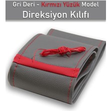 TemmuzX Dacia ile Uyumlu Sandero Gri Için Süper Deri Kırmızı Yüzüklü Dikişli Direksiyon Kılıfı