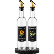 TemmuzX Mermer Desenli Akrilik Standlı 2'li Cam Yağ Şişesi 750 Ml, Gold Kapaklı