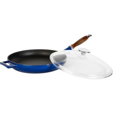 TemmuzX Cookware Dökme Demir Emaye Kızartma Tavası Cam Kapaklı ve Ahşap Sap, Yuvarlak, 28 Cm, Mavi