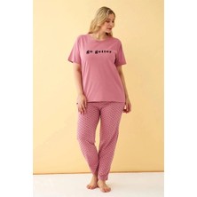 Liyuza Kadın Somon Go Getter Yazılı Büyük Beden Pijama Takımı