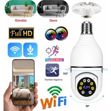 Erdmsp Wifi 360 Panoramik Ampul Kamera Beyaz Renkli İç Mekan Güvenlik Kamerası 360 Derece Gece Görüşlü HD