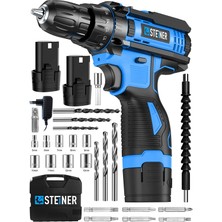 Steiner Alman Turbo Profesyonel 128 Vf 10 Ah Otomatik Korumalı Metal Şanzuman Çift Akülü Şarjlı Matkap + Set Mavi