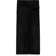 Slim Fit Düğüm Detaylı Kruvaze Tül Midi Pareo Etek