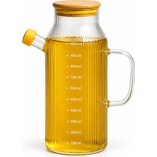 Mythriva Deconox Bambu Kapaklı Çizgili Cam Yağlık 1000 Ml, Kulplu Yağdanlık, Kapaklı Dökme Ağızlı Şeffaf Zeytinyağı ve Sıvı Yağ Şişesi, 1 Litre