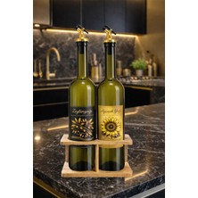 Mythriva Zeytinyağı ve Ayçiçek Yağı Şişesi Seti, Altın Etiket ve Yağdanlık Aparatlı, Korumalı Ahşap Standlı 750 Ml, 2 Adet, Yeşil Cam Şişe (Korumalı Standlı, Altın)