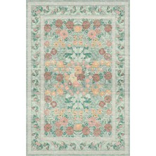 Kilim Home Mars Serisi Vintage Çiçek Desenli Yeşil Dekoratif ve Yıkanabilir Dokuma Şönil Halı Bohem Oda Halısı