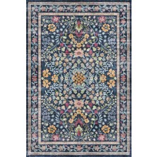 Kilim Home Kaymaz Tabanlı Lacivert Halı - Lüks Renkli Çiçekli Pers Desen 2291