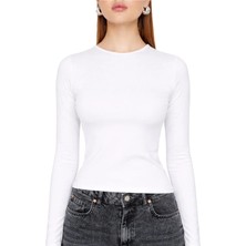 Modaspark Beyaz Bisiklet Yaka Basic Ultra Soft Kadın Uzun Kol Body