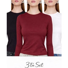 Modaspark Siyah Beyaz Bordo Üçlü Bisiklet Yaka Basic Ultra Soft Kadın Uzun Kol Body
