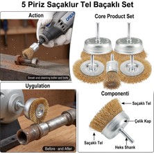 Vionna Matkap Ucu Saçaklı Tel Fırça Seti 5'li - Çanak, Düz ve Kalem Tipi Pas Temizleyici, Metal ve Ahşap Yüzey Parlatma Zımpara Seti