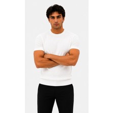 Modaspark Beyaz Bisiklet Yaka Saç Örgü Desenli Kısa Kol Slim Fit Erkek T-Shirt