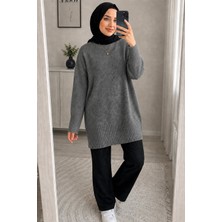 Modaspark Antrasit Bisiklet Yaka Oversize Kadın Triko Kazak Tunik