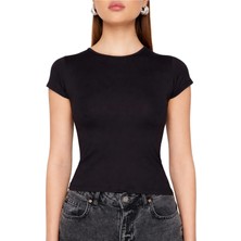 Modaspark Siyah Bisiklet Yaka Basic Ultra Soft Kadın Kısa Kol Body