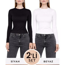 Modaspark Siyah Beyaz Ikili Bisiklet Yaka Basic Ultra Soft Kadın Uzun Kol Body