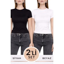 Modaspark Siyah Beyaz Ikili Bisiklet Yaka Basic Ultra Soft Kadın Kısa Kol Body