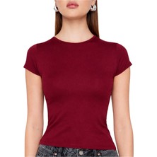 Modaspark Bordo Bisiklet Yaka Basic Ultra Soft Kadın Kısa Kol Body