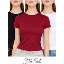 Modaspark Siyah Beyaz Bordo Üçlü Bisiklet Yaka Basic Ultra Soft Kadın Kısa Kol Body