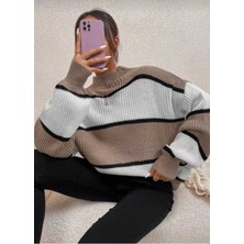 Modaspark Kahverengi Beyaz Çizgili Yarım Balıkçı Kadın Oversize Kazak