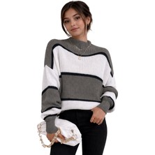 Modaspark Gri Beyaz Yarım Balıkçı Oversize Kadın Triko Kazak