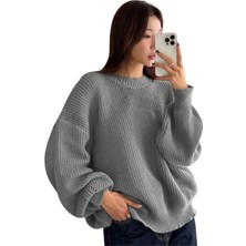Modaspark Gri Bisiklet Yaka Oversize Kadın Triko Kazak