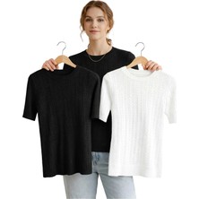 Modaspark Siyah Beyaz Ikili Kısa Kollu Bisiklet Yaka Slim Fit Kadın Yazlık Kazak