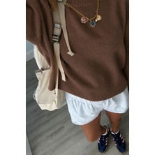 Modaspark Kahverengi Bisiklet Yaka Oversize Kadın Triko Kazak
