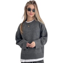 Modaspark Antrasit  Bisiklet Yaka Oversize Kadın Triko  Kazak