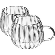 Şanal Arvale 2'li Kabartmalı Dikey Çizgili Dalgalı Ağızlı Cam Kupa – Vintage Dekoratif Bardak Seti - 350 ml