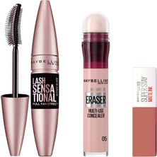 Şanal Maybelline New York Instant Anti Age Eraser Kapatıcı - 05 Brighten & Maybelline New York Lash Sensational Yelpaze Etkili Siyah Maskara & Maybelline Super Stay 65 Mini Fondöten Hediyeli