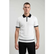 Modaspark Beyaz Polo Yaka Fermuarlı Kısa Kol Erkek T-Shirt