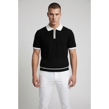 Modaspark Siyah Polo Yaka Fermuarlı Kısa Kol Erkek T-Shirt