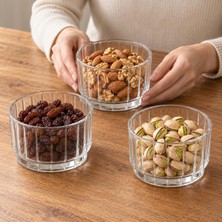 Myg Plus Deconox Borosilikat Cam Kase 3’lü Set, Şeffaf Dikey Çizgili Yuvarlak Çerezlik, Kahvaltılık Zeytinlik, Kuruyemiş, Kuru Meyve, Meze ve Tatlı Sunum Kasesi, 3 Adet