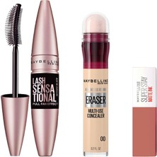 Myg Plus Maybelline New York Instant Anti Age Eraser Kapatıcı - 00 Ivory & Maybelline New York Lash Sensational Yelpaze Etkili Siyah Maskara & Maybelline Super Stay 65 Mini Fondöten Hediyeli
