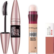 Myg Plus Maybelline New York Instant Anti Age Eraser Kapatıcı - 01 Light & Maybelline New York Lash Sensational Yelpaze Etkili Siyah Maskara & Maybelline Super Stay 65 Mini Fondöten Hediyeli