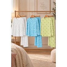 3'lü Kadın Desenli Uzun Kollu Pijama Takımı Beyaz