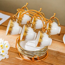 Odea Valkyrie 6 Kişilik Gold Detaylı Porselen Türk Kahvesi Fincan Takımı Standlı 90 ml 12 Parça