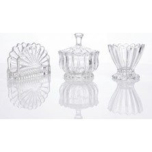 Odea Arvale 3 Parça Kristal Kesim Cam Set, Kapaklı Şekerlik, Peçetelik ve Ayaklı Sunum Kasesi, Çeyizlik Takım