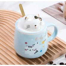 Odea Sevimli Kawai Kedi Kapaklı Kaşıklı 3D Kupa Bardak Mavi, Mavi, 3D Sevimli Kedi Figürlü